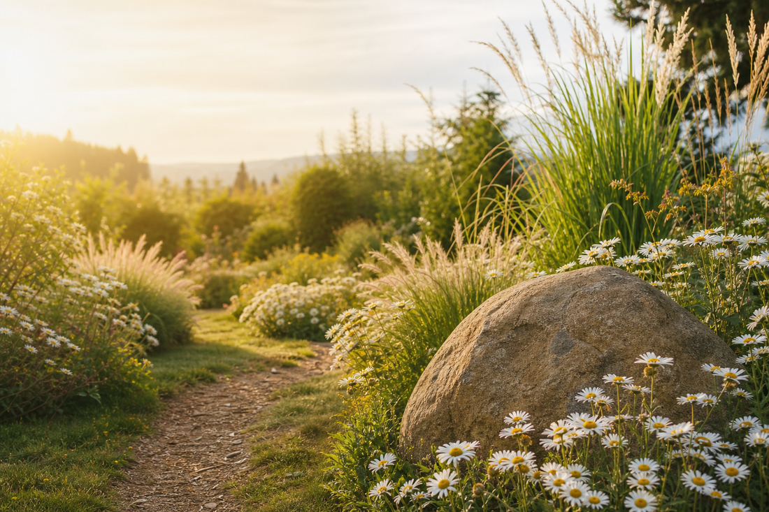 Pet memorial garden with daisies at sunrise